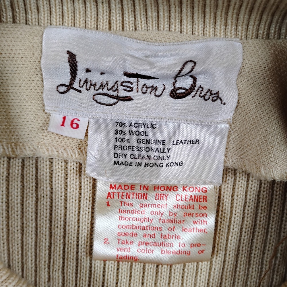 Livingston Bros Vintage 70s Sweater Vest Womens M Beige Leather Pocket Knit - Picture 2 of 8